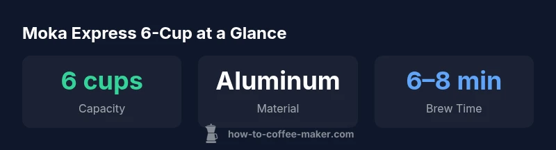 Infographic showing Moka Express 6-Cup capacity and brew time