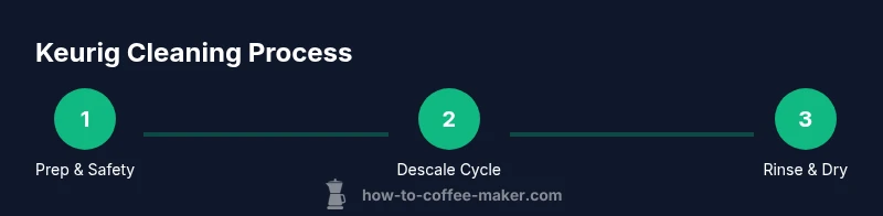 Process diagram showing prep, descale, and rinse steps for Keurig cleaning